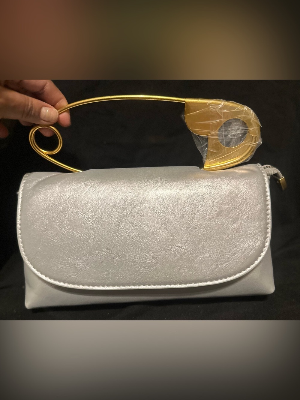 Metallic Silver Women's Clutch with Jumbo Gold Safety Pin Handle